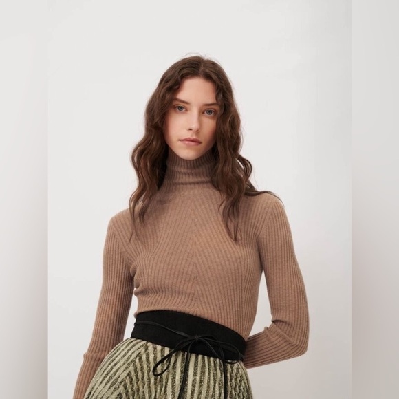 Maje Sweaters - Maje Directional Ribbed Wool Blend Turtleneck Camel